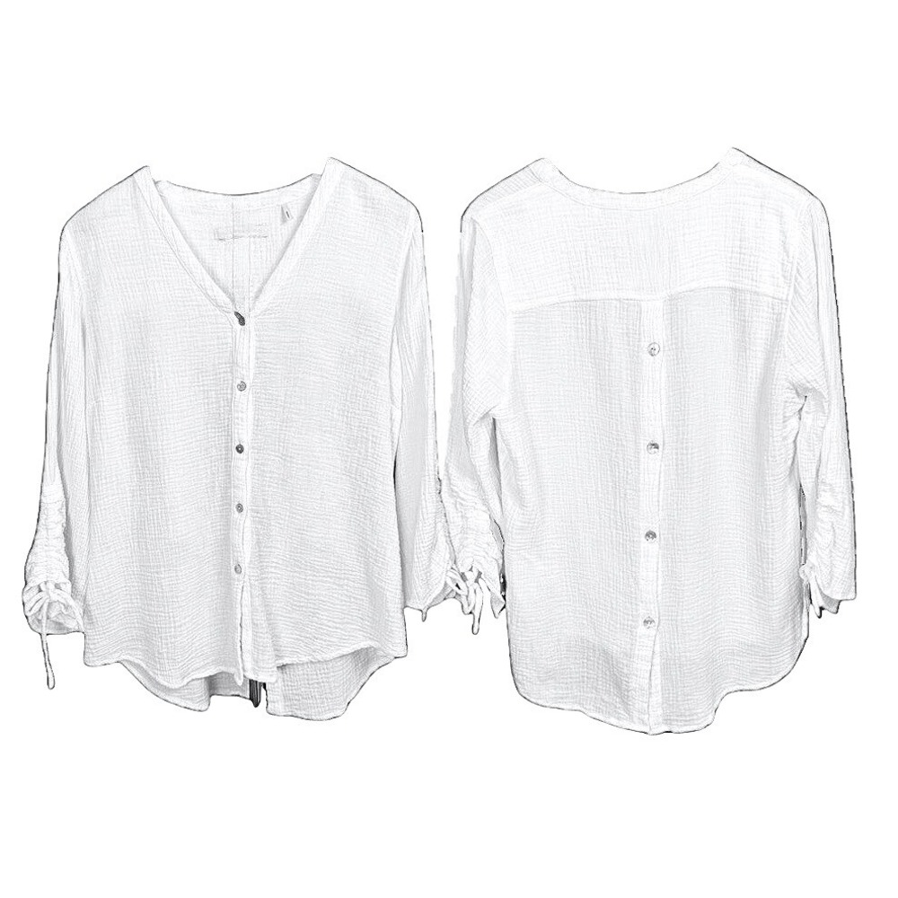 Foxcroft Marley Gauze Blouse White Button Back Shirt Ruched 3/4 Sleeve Top 12